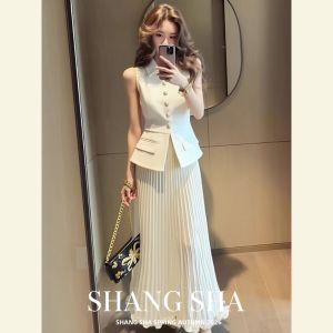 SHANGSHA | Stylish Elegant Office White Pleated Vest Dress Set