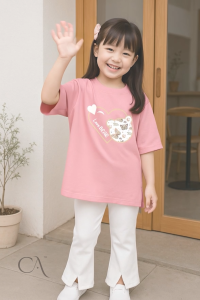 Setelan Kaos Oversize Belah Slit dan Cutbray Belah Anak Perempuan Love Bear Umur 6-14 tahun
