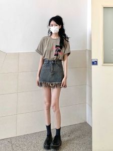 Váy Ngắn Denim Chữ a Cạp Cao Cho Nữ Mùa Hè Cỡ Lớn Váy Ngắn Bó Sát Váy Ngắn Xếp Nếp Tua Rua Phong Cách Hàn Quốc