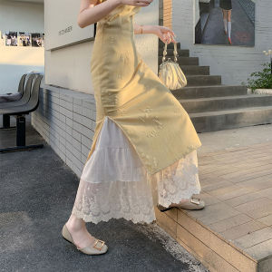 Fresh Japanese Style Cheongsam Underpants Womens Elastic Waist Embroidered Lace Patchwork Wide Leg Cotton Linen Solid Color Pants Skirt