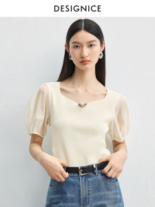 Designice Short Sleeve Knitted Sweater 2025 Summer New Style High Quality Bubble Sleeve Overhead Top Womens Fashion Elegant Patchwork