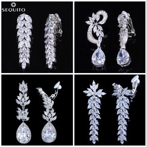 SEQUITO Elegant Long Dangle Drop AAA Zircon No Pierced Hole Clip on Earrings Luxury Bridal Ear Jewelry for Women Wedding Accessories SE515