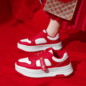 Red Thick Bottom Sport Shoes for Women Snake Year Lucky Year Two-Way Wear Wedding Shoes Lightweight No Foot Pain Casual Shoes