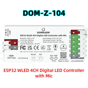 DOMRAEM ESP32 4 Output WLED Controller 16A Fuse & Level Shifter Sound Sync Compatible with WS281x Digital RGB IC LED Strip Light