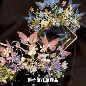 O-New Bridal Crown Childrens Garland Headdress Princess Butterfly Forest Flower Headband Hair Accessories