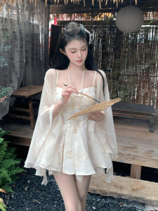 Sweet French Style Embroidered Strap Dress Womens Waist Cinching Fluffy Short Skirt Comfortable plus Size Summer Casual Dress