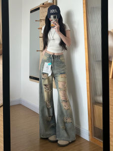 Quần Jeans Denim Ống Rộng Cạp Cao Phong Cách Mỹ Retro Cho Nữ Mùa Hè Quần Dài Dài Đến Sàn Có Lỗ Quần Jeans Denim