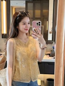PAIBOLI | French Style Sleeveless Embroidery Yellow Backless Blouse