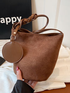 Retro Suede Bucket Bag Womens Versatile Commuter Single Shoulder Underarm Bag Outdoor Small Handbag Fashionable Magnetic Buckle