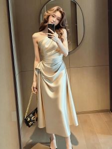 SHANGSHA | Elegant Occasion Champagne Color Slanted Shoulder Dress