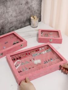 Earring Storage Box Organizer Jewelry Kotak Barang Kemas Watch Rings Earrings Storage Flannel Glass Display