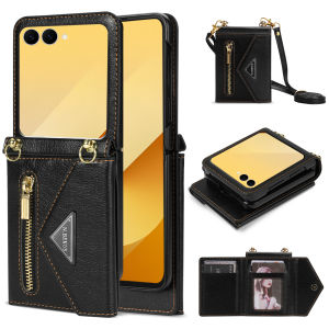 szhaiyu | For Samsung Galaxy Z Flip 8 7E 7 6 5 4 Crossbody Leather Wallet Case Wiht Purse Cards Holder Lanyard Strap Shockproof Back Cover