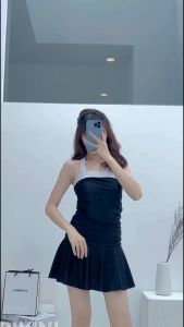 Đồ bơi nữ bikini liền thân buộc dây viền trắng nhẹ nhàng đồ đi biển bikini kín đáo