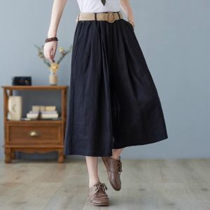 Retro Artistic Cotton Linen Wide Leg Pants Women Loose Casual Versatile Slimming Seven Parts Trousers Commute Style High Waist