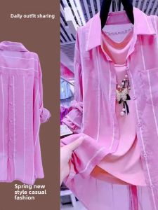 LIANGYILAILIN | Anti-Aging Mid-Length Polo Shirt with Vertical Stripes Long Sleeve Sun Protection