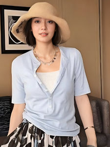 Fashionable Button-Up Short Sleeve T-Shirt Womens plus Size Slimming Base Shirt Summer Polyester Blend round Neck Top