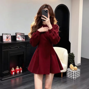 XUECAIQI | Elegant French Style Long Sleeve Red Dress