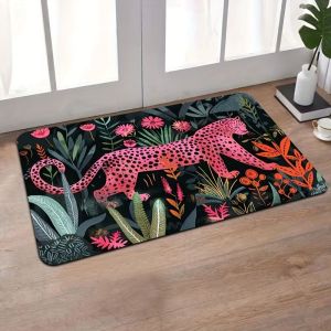 VIKAMA Pink Leopard Tropical Jungle Floral Doormat Non Slip Floor Mat Boho Wild Animal Print Indoor Entrance Home Decor Rug