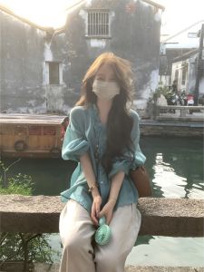 VKSOD | Retro Lace Trim V-neck Shirt Womens High Waist Drapey Wide Leg Pants Two-piece Set Summer 2025 Casual Comfortable Ensemble