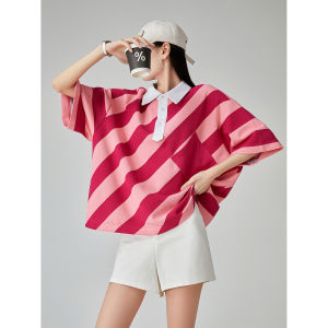 XIAODADEHUA | Stripe Color-block Irregular Polo Collar Short Sleeve T-shirt