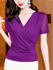 Fashionable Mesh Short Sleeve T-Shirt Womens Slim Fit Summer New Style Bright Thread Commute Style V-neck Regular Length Top