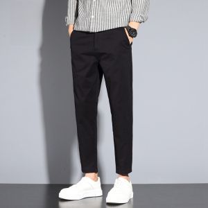 ROMON | Lormen Mens Casual Cotton Pants Business Straight Leg Suit Pants Elastic Thin Autumn Spring Fashion City Style Nine Points Long Trousers