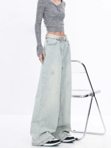 Light Blue Faded Wide Leg Denim Jeans Womens Spring Summer High Waist Loose Slimming Casual Straight Floor-Length Pants