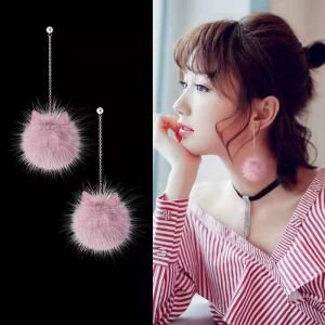 925 Silver Needle Cat Ear Ball Drop Earrings Autumn Winter Fashionable Super Fairy Cute Mink Fur Ear Jewelry Accessories