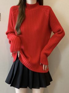 เสื้อสเวตเตอร์คอปกสูงครึ่งตัวสีแดงสำหรับผู้หญิง ฤดูใบไม้ผลิและฤดูใบไม้ร่วง ไซส์ใหญ่ เสื้อชั้นในแบบสวมไหล่ เสื้อถัก