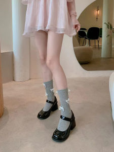 Ballet Miu Style ผู้หญิง ถุงเท้าถึงกลางน่อง ถุงเท้าพร้อมปมริบบิ้นและ ลูกไม้ Mary Jane สีดำ Mini Boots Jk โลลิต้า ลูกไม้ ถุงเท้ามีลวดลาย