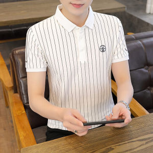 Áo sơ mi polo nam thời trang có sọc dọc và cổ áo ngắn tay bằng vải cotton và sợi thun Polyurethane Ins Phong cách mùa hè hợp thời trang