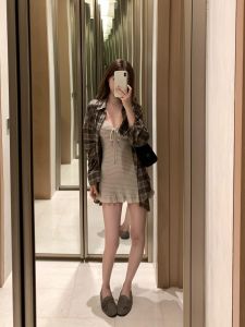 VKSOD | Stylish and Elegant Check Shirt V-neck Waist-Cinching Dress Set