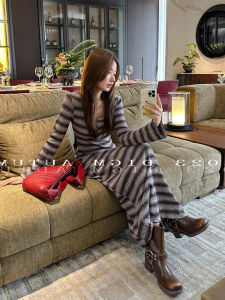 American Hepburn Style Stripes Knitting Dress Womens Fall and Winter New Arrival Silm Slim Looking Inner Bottoming Sweater Long Skirt