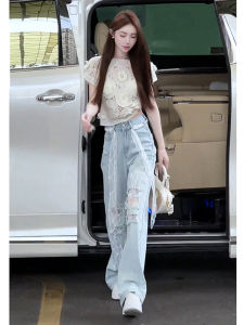 Stylish Casual Sportswear Set Womens Summer Anti-Aging Short Sleeve Denim Wide Leg Pants Two-Piece Set Polyester Fiber Long Pants