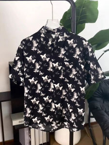 Cooling Summer Short Sleeve Shirt for Men with Butterfly All-Over Jacquard and Tie-Dye Design