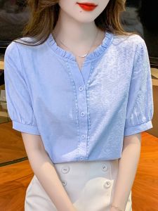 Fashionable Pure Cotton Short Sleeve Shirt Womens Elegant Stylish Top Youthful Cotton Blend Button Placket Splice Lace