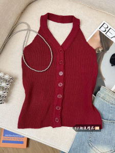 Áo Len Dệt Kim Hở Lưng Mỏng Bằng Lụa Băng Không Tay Cổ Treo Kiểu Pháp Dành Cho Nữ Mùa Hè 2025 Áo Len Cổ Chữ V Hở Lưng