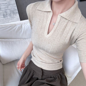 CHOEFULYN | Trim Fit Polo Neck 5/8 Sleeve Knitted Blouse
