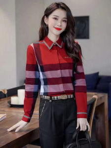 Elegant Plaid High-End Womens Shirt Long Sleeve Fashionable Base Layer Top Breathable Comfortable Cotton Blend Business Casual