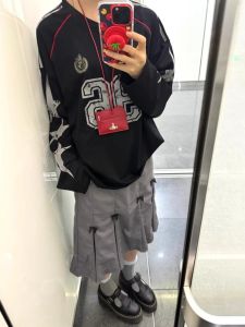 เสื้อสเวตเตอร์คอวีแขนยาวสไตล์อเมริกันย้อนยุคสำหรับผู้ชายและผู้หญิง ทรงหลวม แฟชั่นสปอร์ต เสื้อคลุมกันหนาวแบบสวมหัว