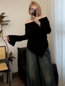 plus Size Black One Shoulder Knitted Top Womens T-Shirt Inner Wear Slimming Asymmetrical Spring Fashion plus Size Girl