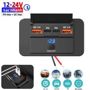 Bảng Điều Khiển Ổ Cắm Sạc Ô Tô 4 Cổng 12V/24V USB Outlet Dual QC3.0 PD Sạc Nhanh Cho Xe Tải RV - Chất Liệu ABS