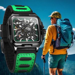 Original Forsining fully automatic mechanical watch with rubber strap and square hollow mens clock fashionable and luxurious. Mens Gift