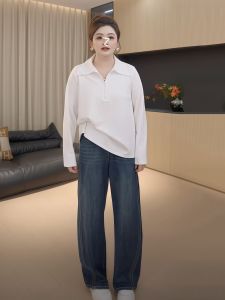 Áo Thun Dài Tay Cổ Bẻ Viền Hoa Cỡ Lớn Thiết Kế Thời Trang Thường Ngày Cho Nữ Mùa Thu