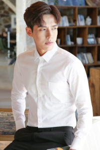 Mens Long Sleeve Business Casual Shirt in White with Square Collar Soft Luster Cotton Blend Fabric for All Seasons