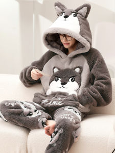 Mens Winter Sleepwear Coral Fleece Thickened Flocked Autumn Winter Style Large Size Cartoon Teenage Middle School Student Medium Large Child