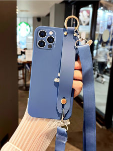  14 pro Max Soft Silicone Case Pure Color Wrist Strap Stand Full Cover Lens Protection Crossbody Compatible with XR 78 6S plus