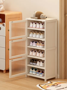 ตู้รองเท้าเด็ก ตู้รองเท้าแบบมีประตู ไม่กินพื้นที่ ดีไซน์ใหม่ 2025 ตู้รองเท้าแบบเก็บของสำหรับประตูบ้าน วัสดุไม้