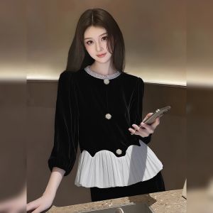 YUFUQING | French Style Wood Ear Design Black Velvet Patchwork Shirt Slim Fit Casual Versatile