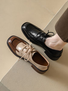 Retro British Style Square Head Chunky Heel Color Block Leather Shoes Women Deep Mouth Tie Single Shoes Loafers Fashionable Casual Footwear